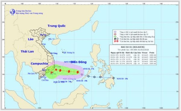Đường đi và vị trí của cơn bão số 1.