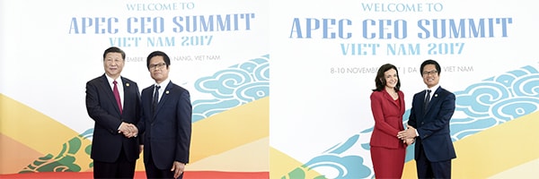 p/TS. Vũ Tiến Lộc, Chủ tịch VCCI, Chủ tịch CEO Summit 2017 cùng Tổng Bí thư, Chủ tịch Trung Quốc Tập Cận Bình (ảnh trái) và bà Sheryl Sandberg, Giám đốc Facebook toàn cầu (ảnh phải) tại Hội nghị CEO Summit 2017, trong khuôn khổ tuần lễ cấp cao APEC 2017 tổ chức tại TP Đà Nẵng, Việt Nam