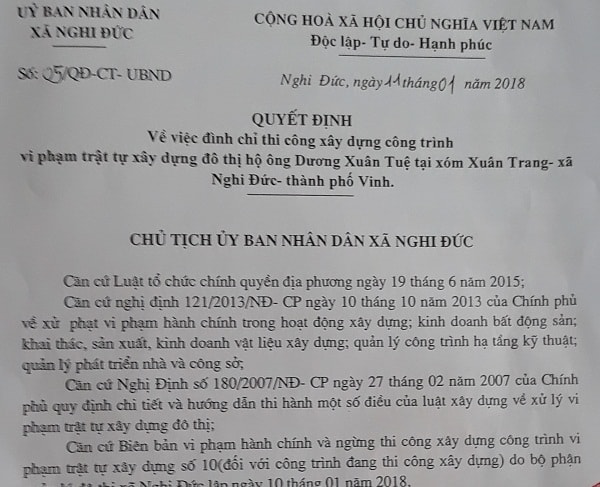 Quyết định xử phạt đối với công trình xây dựng của ông Dương Xuân Tuệ