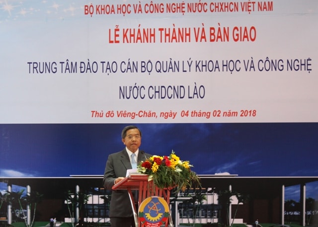 Đồng chí Boviengkham Vongdara, Ủy viên trung ương Đảng, Bộ trưởng Bộ KH&CN Lào phát biểu tại Lễ Khánh thành