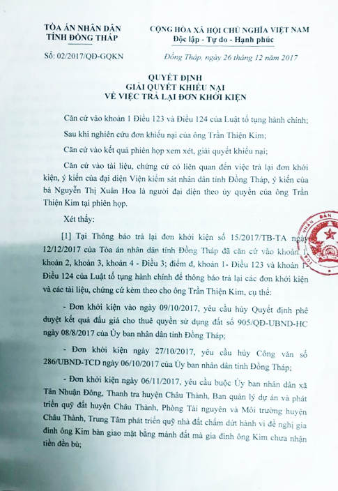 Quyết định giả quyết khiếu nại về việc trả lại đơn khởi kiện của Tòa án nhân dân tình Đồng Tháp