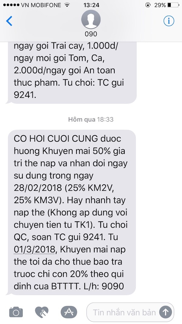 Tin nhắn khuyến mại thẻ nạp 50% cuối cùng từ Mobifone.