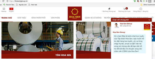 Website của Tập đoàn Hoa Sen được tích hợp công cụ bán hàng trực tuyến và các công cụ hỗ trợ như chatonline