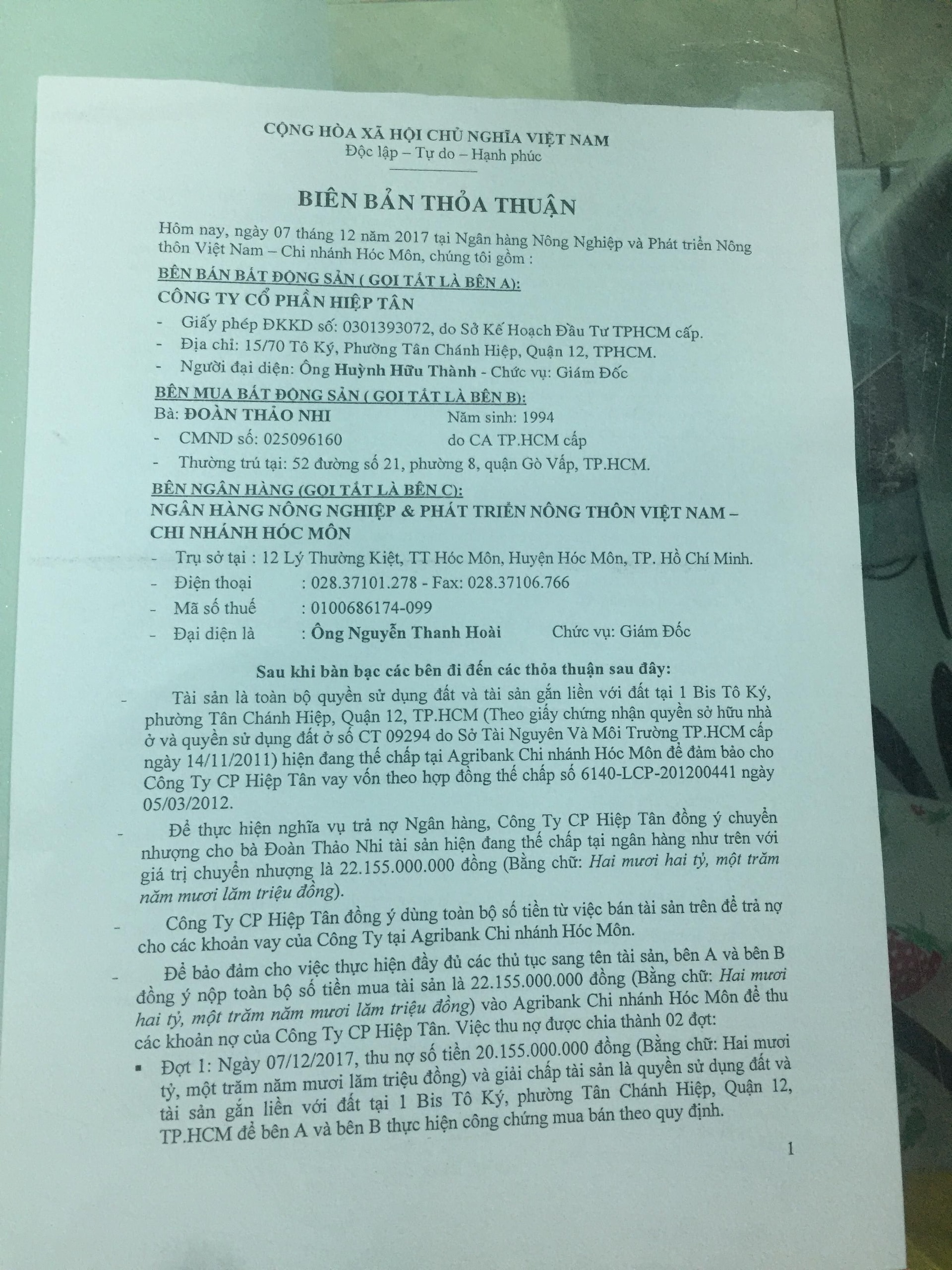 Biên bản thỏa thuận 03 bên giữa Ngân Hàng Nông nghiệp và Phát tiển Nông thôn, Công ty Hiệp Tân và bà Đoàn Thảo Nhi về mảnh đất tại địa chỉ: 173 Tô Ký, phường Đông Hưng Thuận, quận 12, Thành phố Hồ Chí Minh