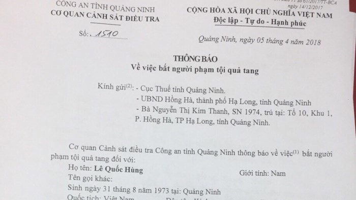 Công an Quảng Ninh thông báo bắt quả tang hành vi hối lộ của Hùng