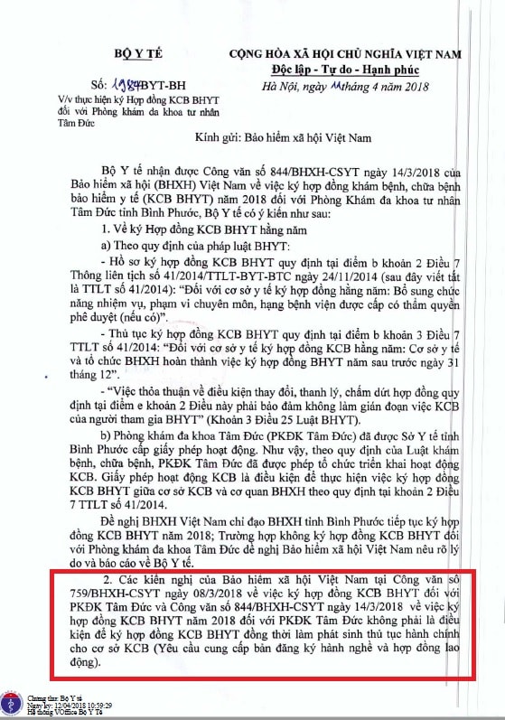 Công văn của Bộ Y tế, nhấn mạnh các kiến nghị của BHXHp/không phải là điều kiện ký hợp đồng, đồng thời làm phát sinh thêm thủ tục hành chính cho cơ sở KCB