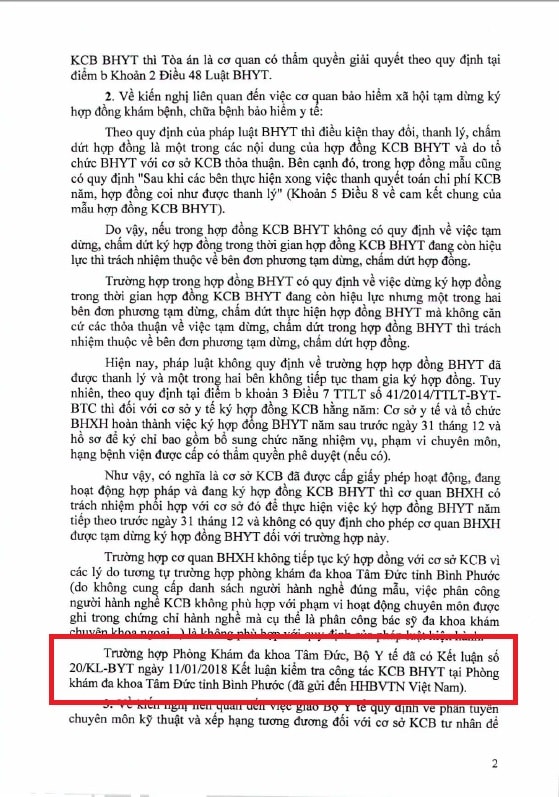 Báo cáo số 311/BC-BYT khảng định Bộ Y tế đãp/Kết luận kiểm tra công tác KCB –BHYT tại phòng khám Tâm Đức tỉnh Bình Phước”.