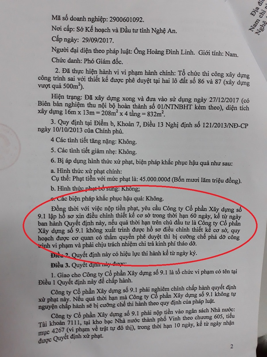 Quyết định xử phạt, yêu cầu chủ đầu tư phải xin điều chỉnh thiết kế cơ sở trong thời hạn 60 ngày nhưng đến nay vẫn chưa hoàn thiện