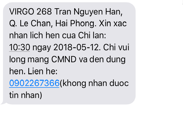 Tin nhắn xác nhận lịch hẹn với khách hàng của Virgo Hải Phòng