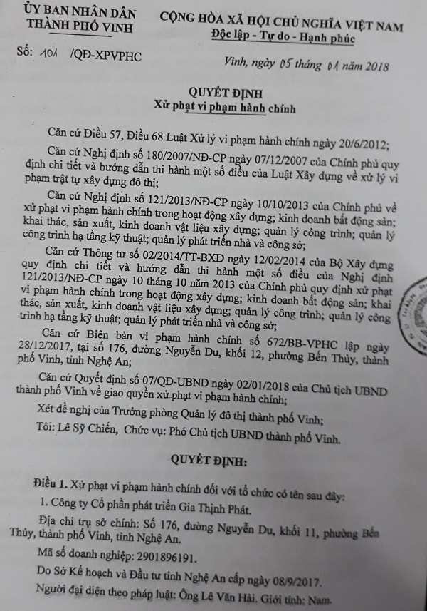 Quyết định số 101/QĐ-XPVPHC đối với Cty Gia Thịnh Phạt số tiền 45 triệu đồng