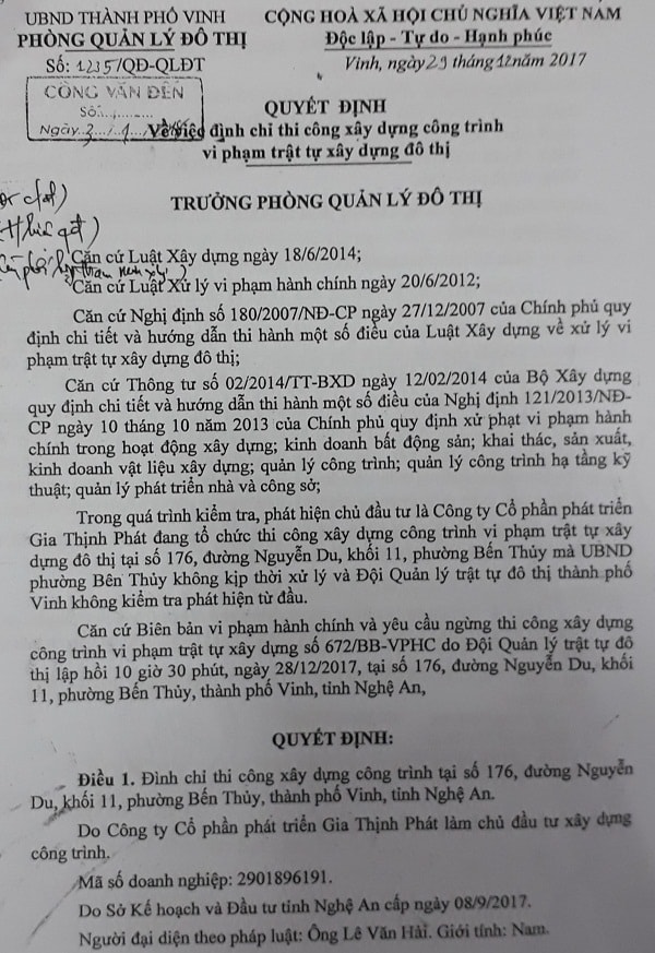 Quyết định số 1235/QĐ-QLĐT “Về việc đình chỉ thi công xây dựng công trình vi phạm trật tự đô thị” đối với dự án 