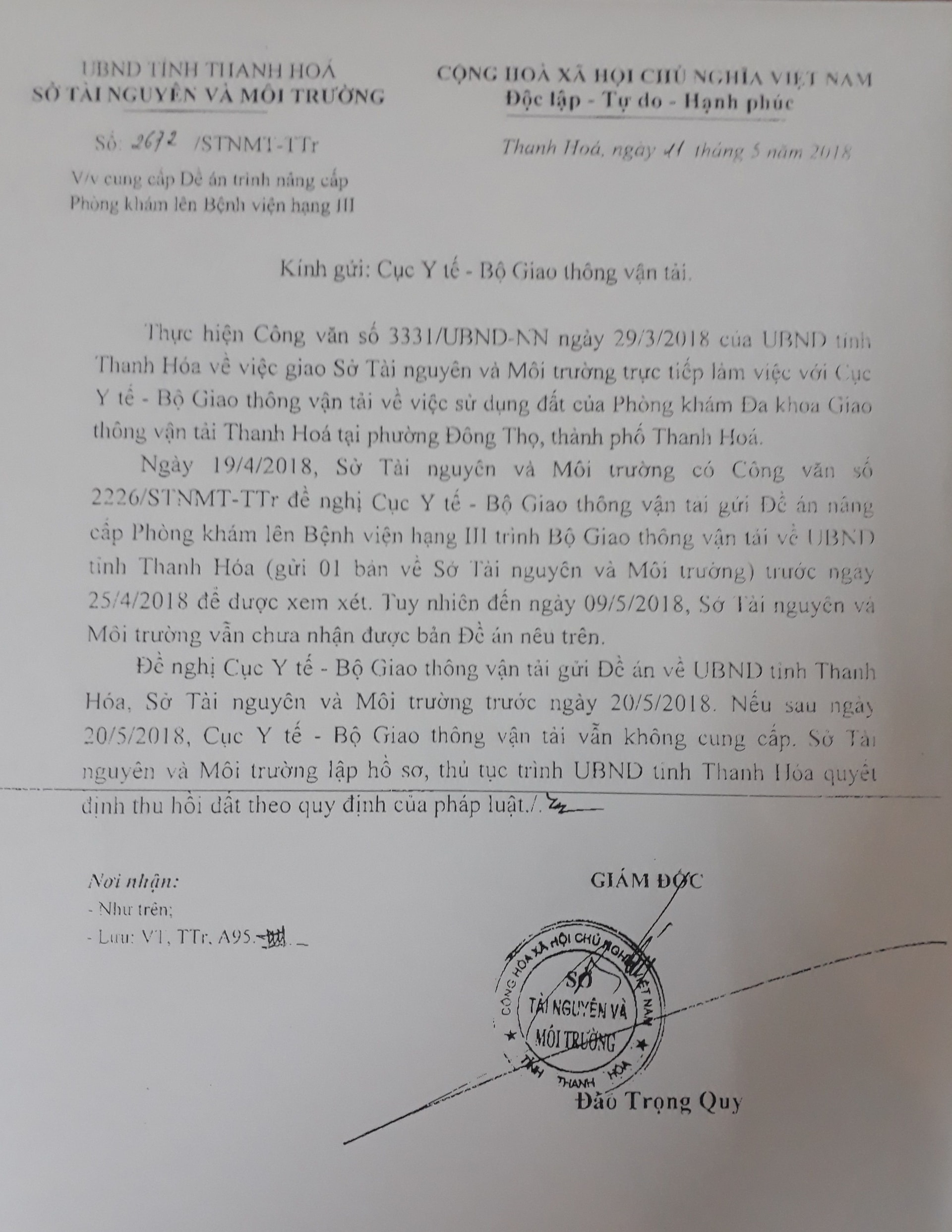 Công văn của Sở TN&MT Thanh Hóa tiếp tục đề nghị Cục Y tế - Bộ GTVT gửi đề án nâng cấp phòng khám lên bệnh viện.