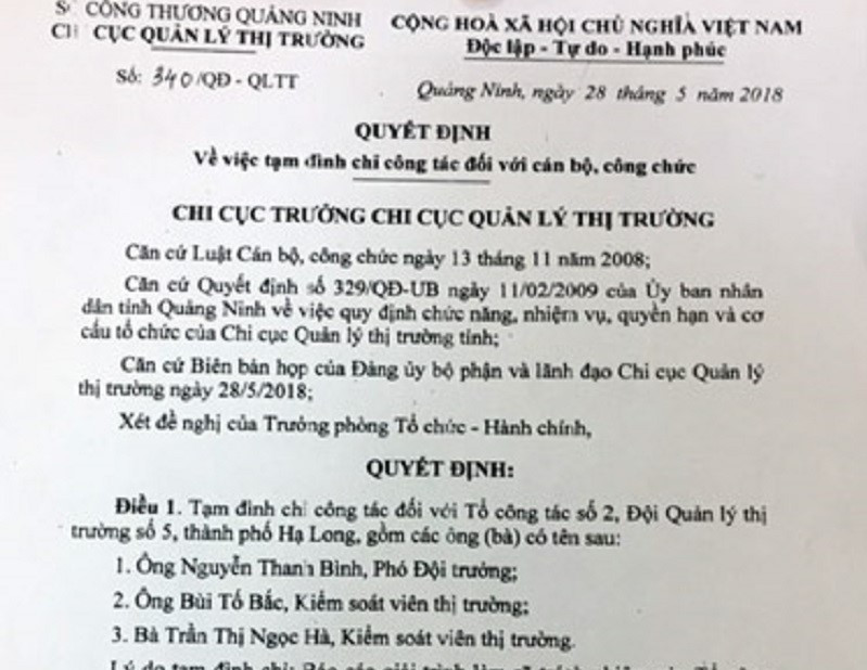 Quyết đình tạm đình chỉ đối với 3 cán bộ QLTT số 5