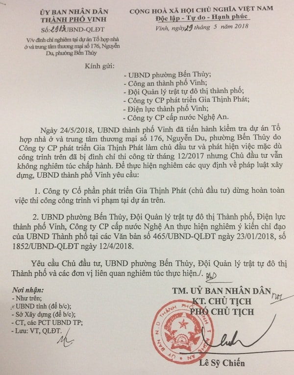 UBND Tp Vinh ban hÃ nh âtá»i háº­u thÆ°â yÃªu cáº§u chá»§ Äáº§u tÆ° dá»«ng hoÃ n thoÃ n viá»c thi cÃ´ng cÃ´ng trÃ¬nh