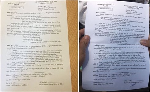 Đề thi môn Ngữ văn vào lớp 10 được đưa trên mạng xã hội (trái ảnh) và đề thi chính thức được nhiều phụ huynh cho rằng giống hệt nhau.
