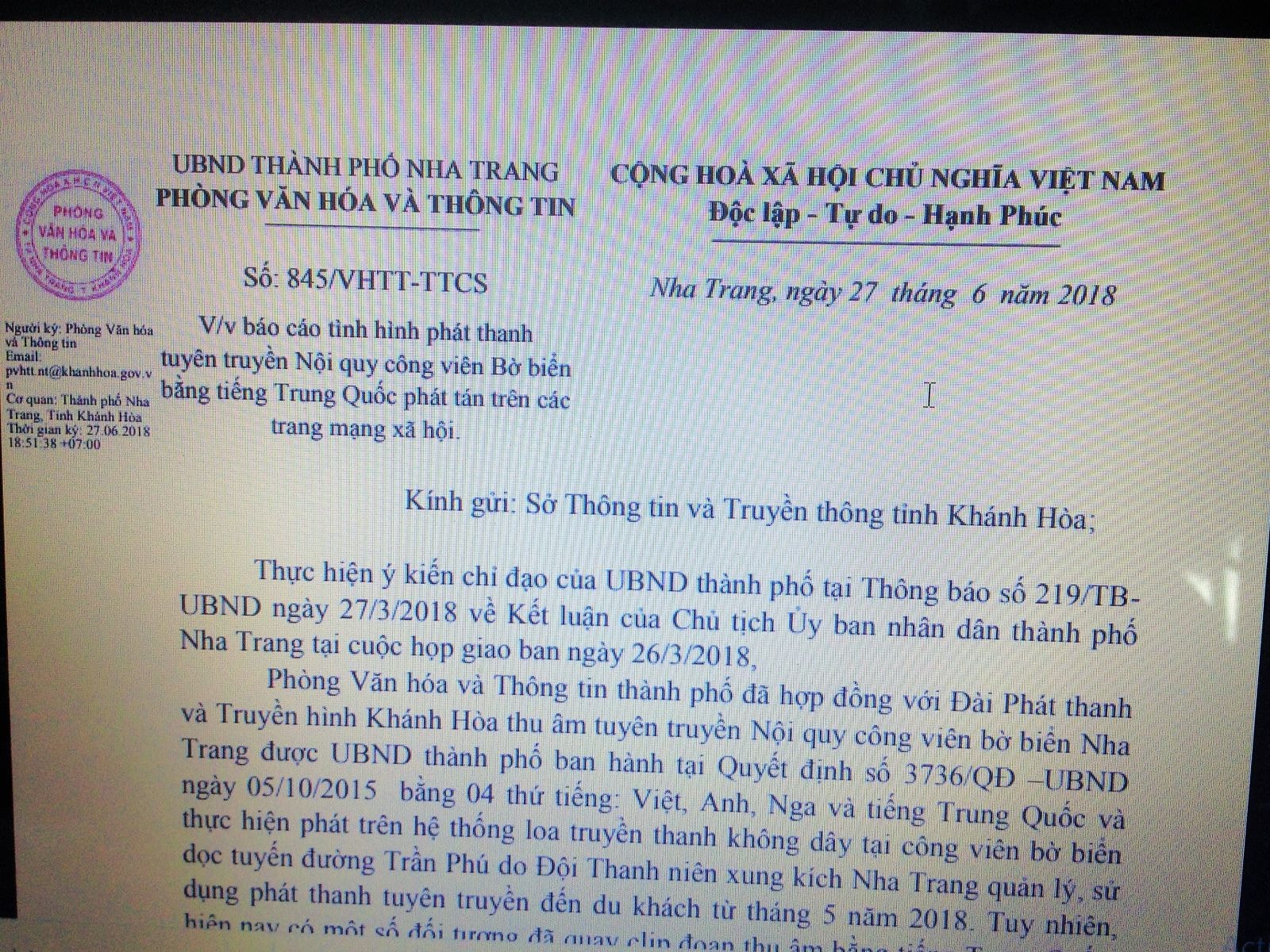 Phòng Văn hóa và Thông tin thành phố Nha Trang báo cáo sự việc lên Sở TT&TT tỉnh Khánh Hòa