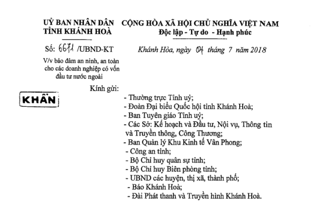 Tỉnh Khánh Hòa có công văn khẩn yêu cầu các cơ quan chức năng đảm bảo an ninh, an toàn cho các doanh nghiệp