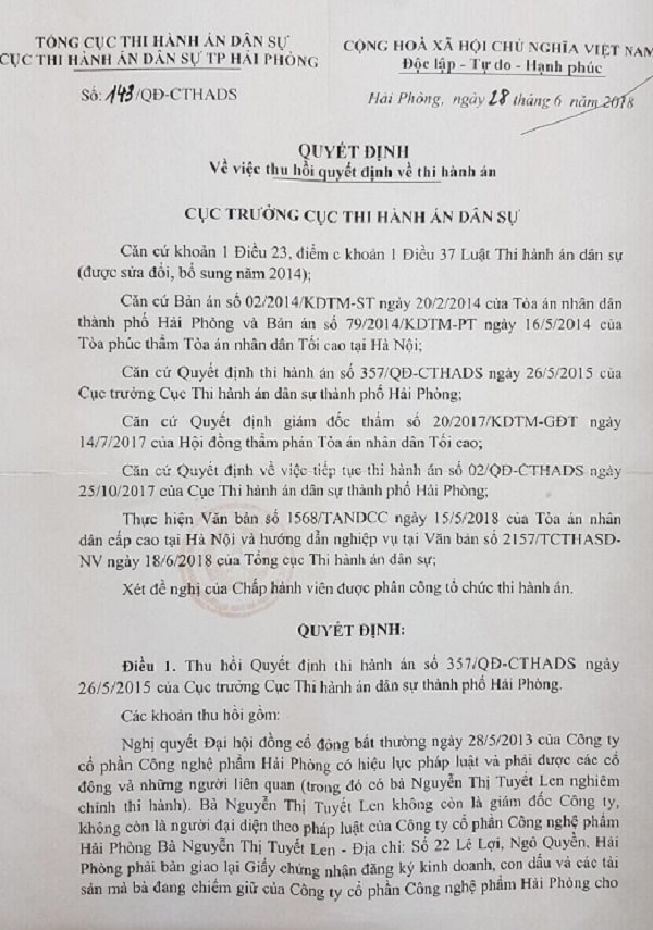 Quyết định thu hồi của Cục Thi hành án dân sự Hải Phòng