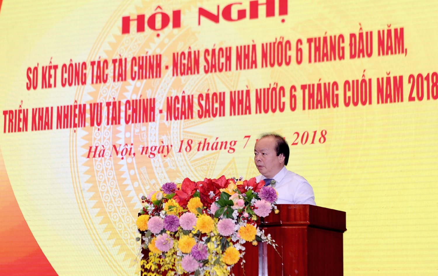 Thứ trưởng Bộ Tài chính Huỳnh Quang Hải trình bày báo cáo tại Hội nghị