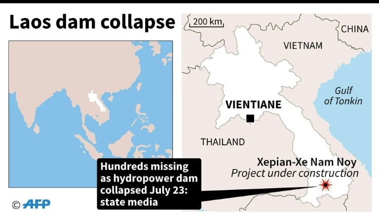 Vị trí đập đang xây bị vỡ ở Lào. Đồ họa: AFP.