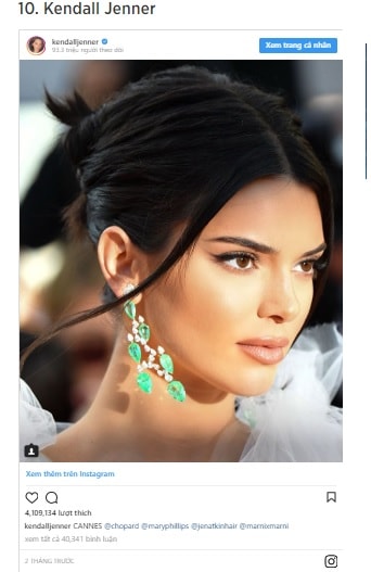 Kendall Jenner, chị gái của Kylie Jenner, cũng là 1 trong 10 người có thu nhập cao nhất trên Instagram