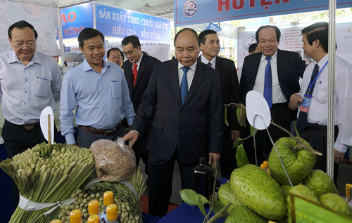 Thủ tướng thăm các gian hàng trưng bày sản phẩm của các DN đang đầu tư tại Tiền Giang