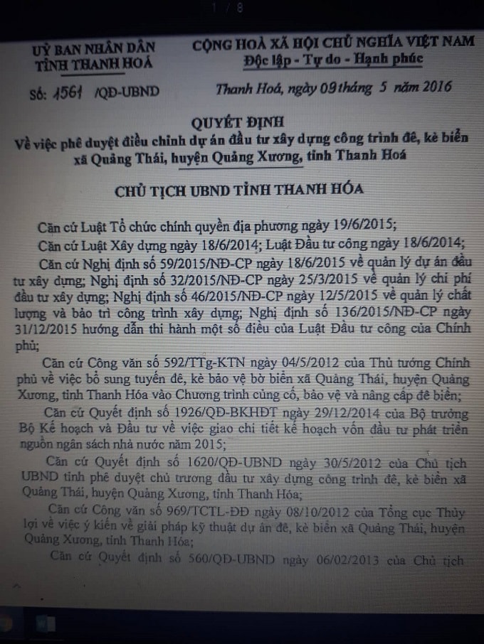 Quyết định số 1561/QĐ-UBND ngày 09/5/2016 