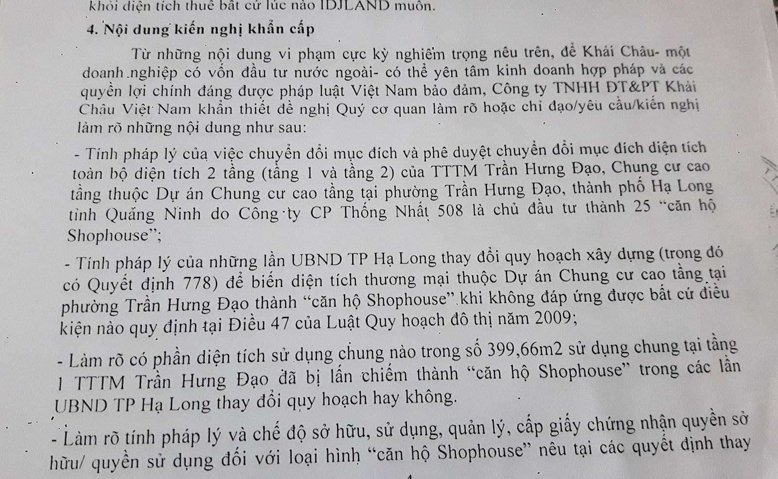 Đơn kiến nghị của công ty TNHH Khải Chau