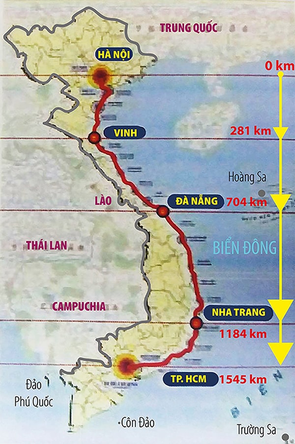 p/Hướng tuyến đường sắt tốc độ cao có điểm đầu là Hà Nội và điểm cuối là TP.HCM, chiều dài 1.545 km. Đồ họa: H.TRANG