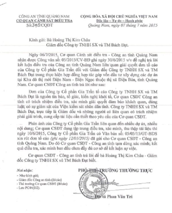 Công văn số 349-CSDT ngày 7/7/2015 của Công an tỉnh Quảng Nam