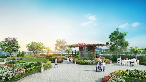 Hình ảnh vườn trên cao tại Imperia Sky Garden, các tầng cây có chiều cao vừa phải, nhiều thảm cỏ xanh đan nhiều loài hoa,có thể giúp kích thích trí tò mò, óc tưởng tưởng cho các bé khi vui chơi tại đây.