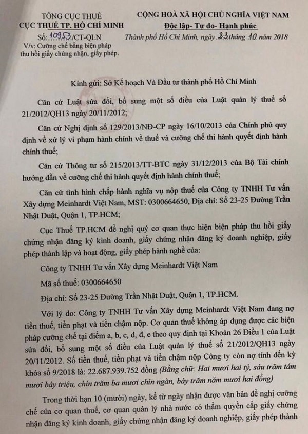 công văn 10953/CT-QLN đề nghị Sở Kế hoạch và Đầu tư thu hồi giấy chứng nhận đăng ký kinh doanh, giấy chứng nhận đăng ký doanh nghiệp, giấy phép thành lập và hoạt động, giấy phép hành nghề của công ty TNHH Tư vấn xây dựng Meinhardt (Việt Nam).