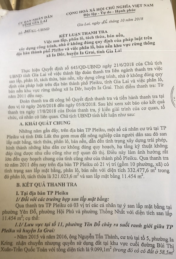 Kết luận thanh tra việc san lấp, phân lô, tách thửa, bán nền trái phép và điểm mặt những cán bộ đã “tiếp tay” để phá nát quy hoạch đô thị Gia Lai.