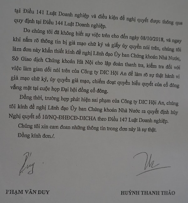Cổ đông đề nghị lãnh đạo Ủy ban chứng khoán Nhà nước ra quyết định hủy Nghị quyết số 10 theo Luật Doanh nghiệp