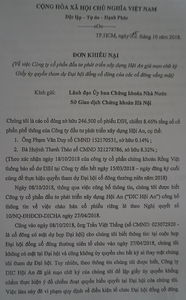 một số cổ đông của DIC Hội An đã gửi đơn tố cáo đến cơ quan chức năng về việc Công ty DIC Hội An đã giả mạo chữ ký của họ