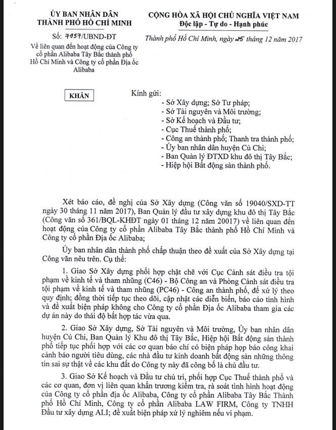 Ngày 12/12/2017, UBND TP.HCM đã có văn bản đề nghị Sở Xây dựng có biện pháp không cho Công ty Alibaba tham gia các dự án ở Khu đô thị Tây Bắc (huyện Củ Chi, TP HCM).