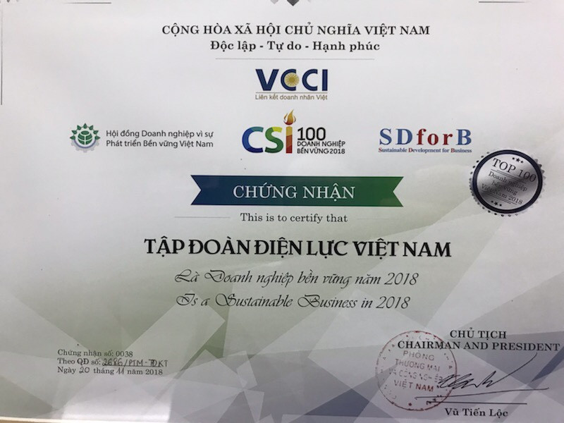 EVN là một trong 100 doanh nghiệp được vinh danh tại Lễ công bố Doanh nghiệp bền vững tại Việt Nam năm 2018