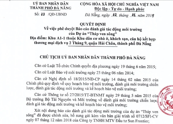 Quyết định phê duyệt báo cáo đánh giá tác động môi trường của dự án Tháp ven sông