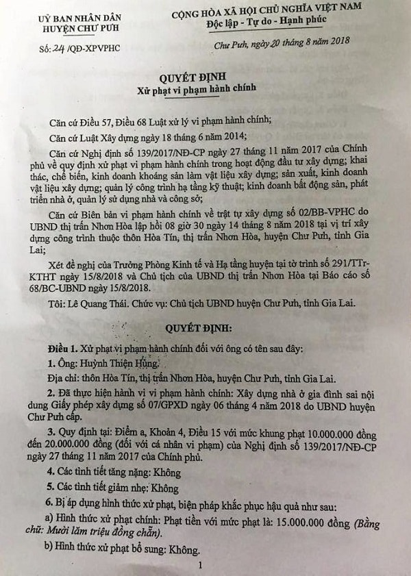 Quyết định xử phạt vi phạm hành chính về xây dựng