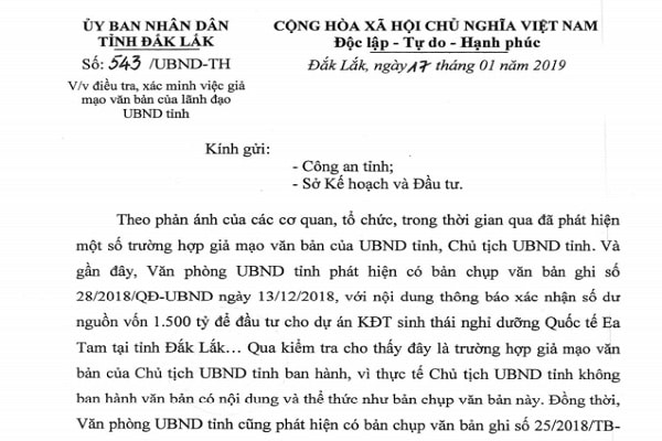 Văn bản chỉ đạo của UBND tỉnh Đắk Lắk điều tra, xác minh việc giả mạo văn bản của lãnh đạo tỉnh