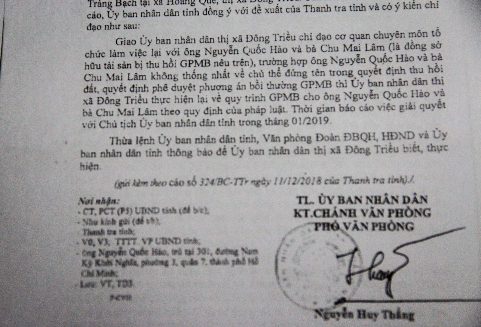 Tỉnh Quảng Ninh yêu cầu huyện Đông Triều chỉ đạo giải quyết vụ việc cho ông Hào trong tháng 1, tuy nhiên thời điểm tháng 1 sắp qua đi ông Hào vẫn chưa được giải quyết. Ảnh LC