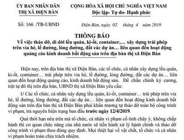 Công văn thông báo dẹp bỏ ki-ốt bất động sản trái phép trên địa bàn Quảng Nam