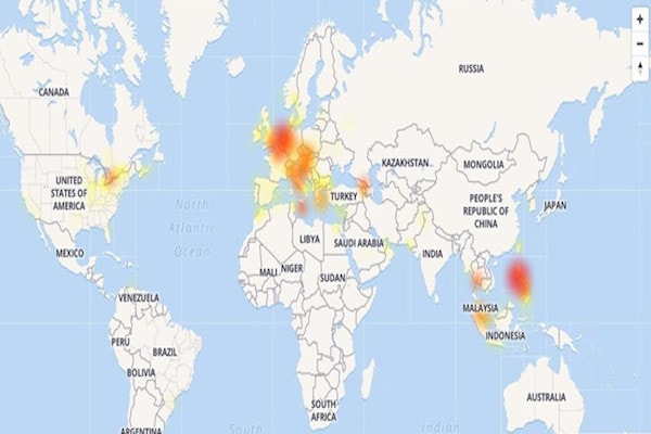 Bản đồ sập mạng Facebook theo báo cáo của người dùng, ghi nhận trên Downdetector.