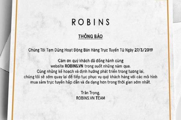 Robin thông báo dừng hoạt động bán hàng trực tuyến