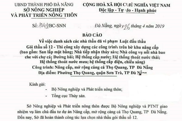 Báo cáo của Sở NN&PTNT Đà Nẵng gửi Bộ đề nghị xử lý hai doanh nghiệp vi phạm Luật Đấu thầu