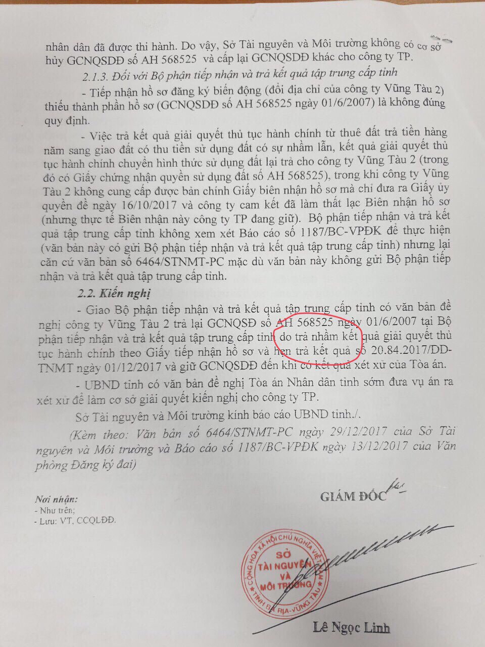 văn bản số 2600/STNMT-CCQLĐĐ, ngày 09/5/2019 của Sở Tài nguyên và Môi trường tỉnh Bà Rịa Vũng Tàu (TNMT)