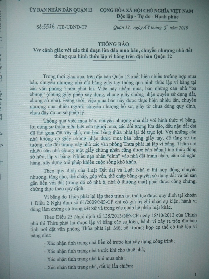 Thông báo số 5556/TB-UBND-TP, ngày 17/5/2019 về việc cảnh giác với các thủ đoạn lừa đảo mua bán, chuyển nhượng nhà đất thông qua hình thức lập vi bằng trên địa bàn quận 12. 