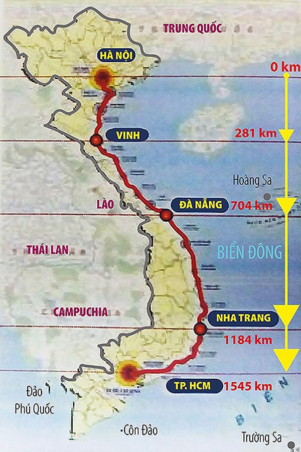 p/Hướng tuyến đường sắt tốc độ cao có điểm đầu là Hà Nội và điểm cuối là TP.HCM, chiều dài 1.545 km. Ảnh: H.TRANG