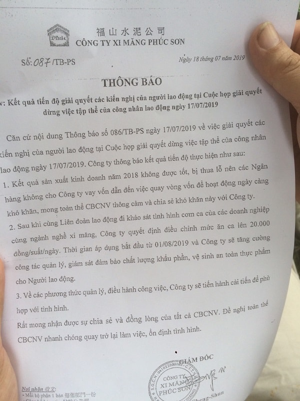 THông báo của Công ty xi măng Phúc Sơn cho cong nhân