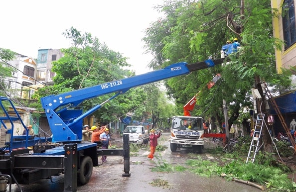 Điện lực Hải Phòng đang huy động nhân lực, vật lực nhanh chóng triển khai khắc phục sự cố sau bão số 3